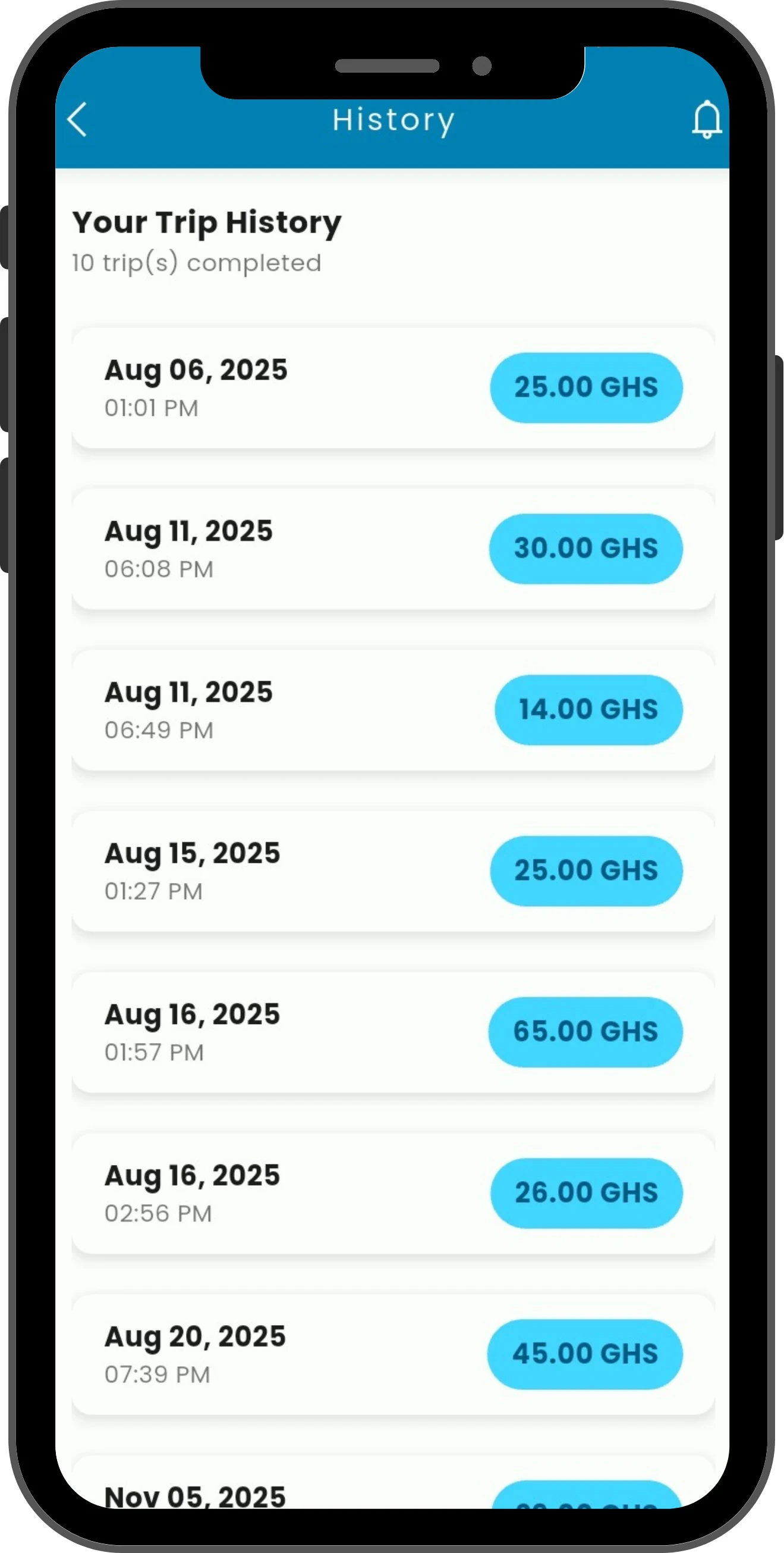 The Mcket Captain app showing completed trip history